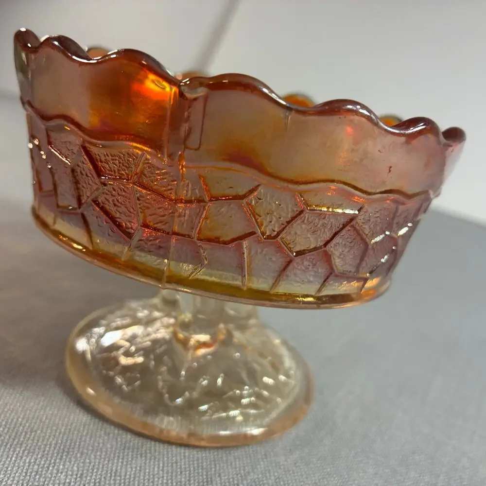 Vintage Marigold Carnival Glass Pedestal Candy Dish Scalloped Bowl 4 Inch